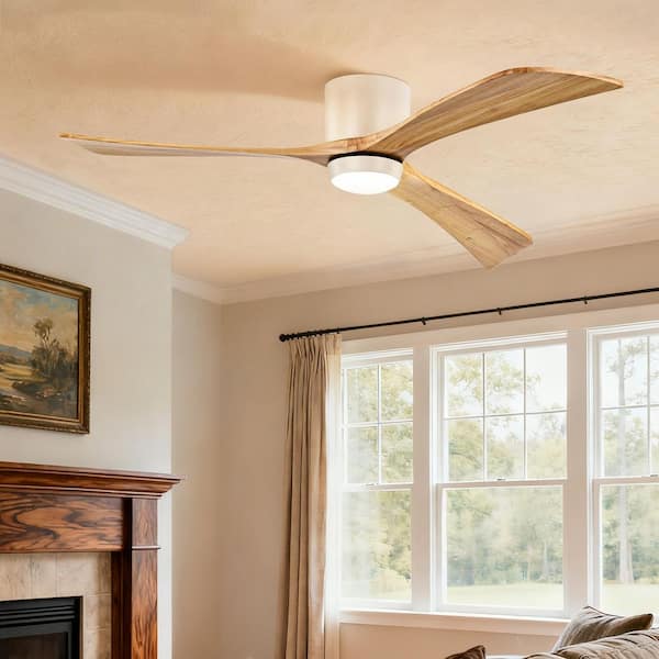 52 in. Indoor White 3 Solid Wood Blades Integrated LED Ceiling Fan with Remote Control and Reversible DC Motor