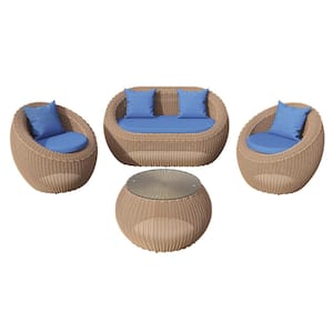 Natural Wood 4-Piece Hand-Woven Aluminum Outdoor Caht Sets Outdoor Sectional Set with Blue Seat Cushion and Back Cushion