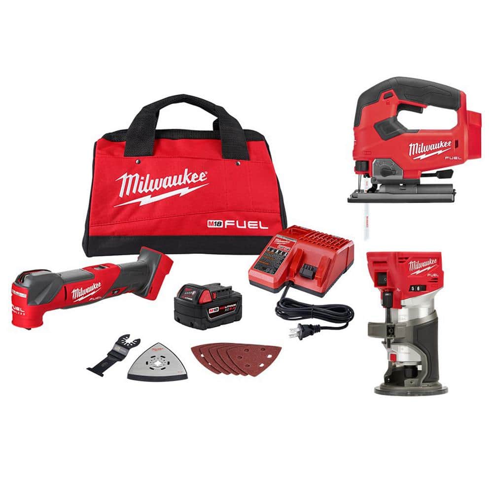 Milwaukee M18 FUEL 18V Lithium-Ion Cordless Brushless Oscillating Multi-Tool Kit With FUEL Compact Router and Jigsaw -  2836-21-27W