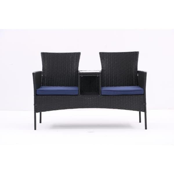 Unbranded Coffee All Weather Wicker Outdoor Loveseat, Patio Conversation Furniture with Built-in Coffee Table and Blue Cushions