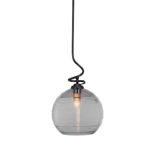 Royale 100-Watt 1-Light Matte Black Shaded Pendant Light with 12 in. Clear Ribbed Glass Shade, No Bulb Included Pendant Lights