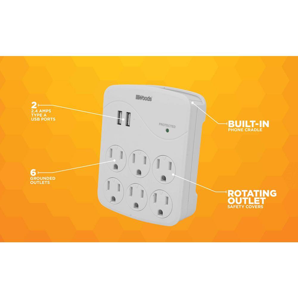 White 6-Outlet Surge Protector with 2 USB Ports