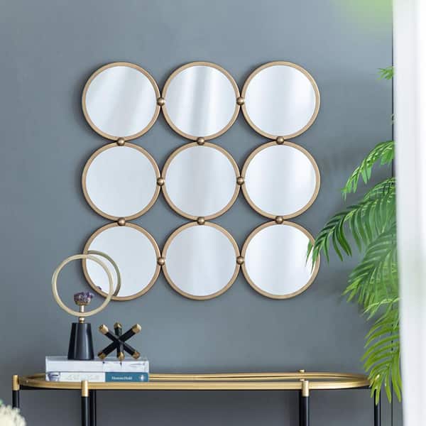 Champagne 27.2 in. W x 27.2 in. H Art Deco Round Iron Framed Mirror Wall Mirror Wall Decor Mirror