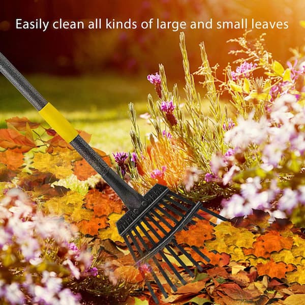 58" Handle Length Iron Garden Rake, 11 Tines, Adjustable Metal Rake for Leaves & Debris