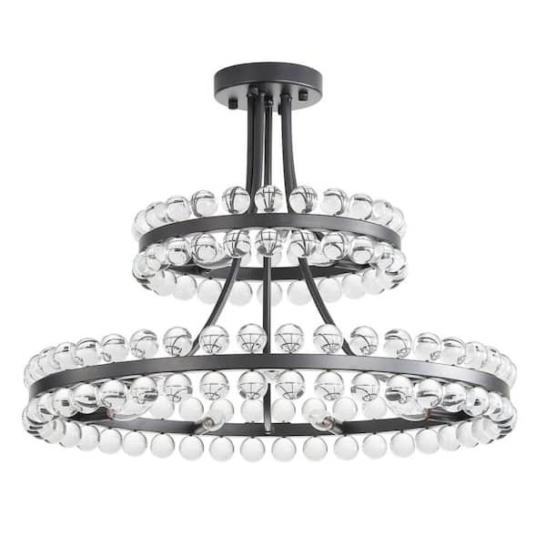 27 in. Crystal Ball Chandelier with 12 E12 Sockets, Black Metal Frame, Modern Elegant Design for Medium to Large Rooms