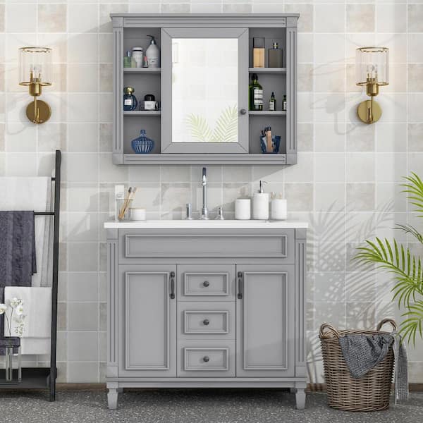 36 in. W Single Sink Freestanding Bath Vanity in Gray with White Resin Top