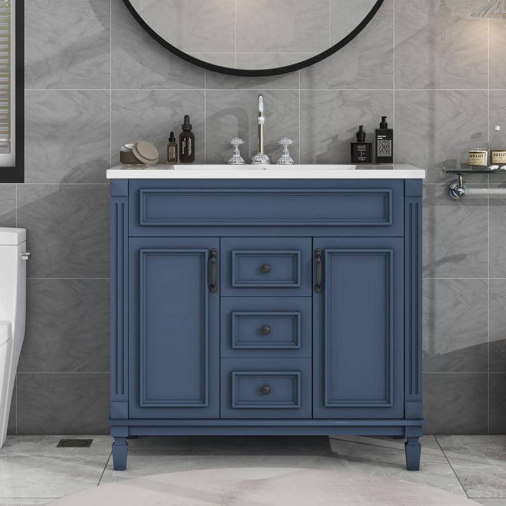 35.9 in. W x 18.1 in. D x 34 in. H Freestanding Bath Vanity in Blue with Wh