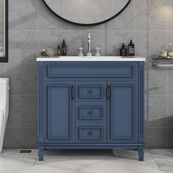 EPOWP 35.9 in. W x 18.1 in. D x 34 in. H Freestanding Bath Vanity in Blue with White Ceramic Top and Single Sink