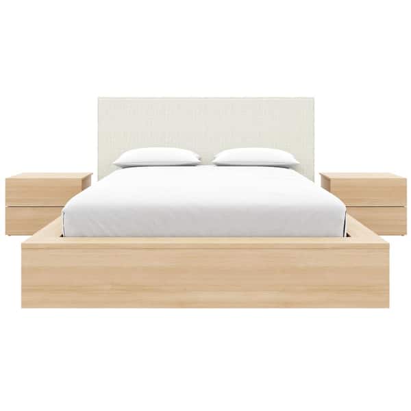 Bardot 4-Piece Natural Blonde Oak Wood Queen Size Bedroom Set with Upholstered Headboard