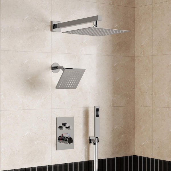 GRANDJOY Zenith Rain 8-Spray 12, 6 in. Dual Wall Mount Shower Head and Handheld Shower Head 2.5 GPM in Chrome Valve Included