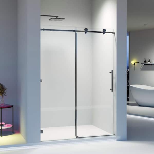 Frameless Sliding Shower Door 50-54 in. W x 76 in. H Soft-Close Shower Door in Matte Black with Tempered Clear Glass