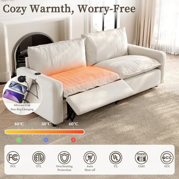 Power Recliner Couch, 116 in. Square Arm 3-Piece Linen Rectangle Modular Sectional Sofa with Adjustable Heating in Beige