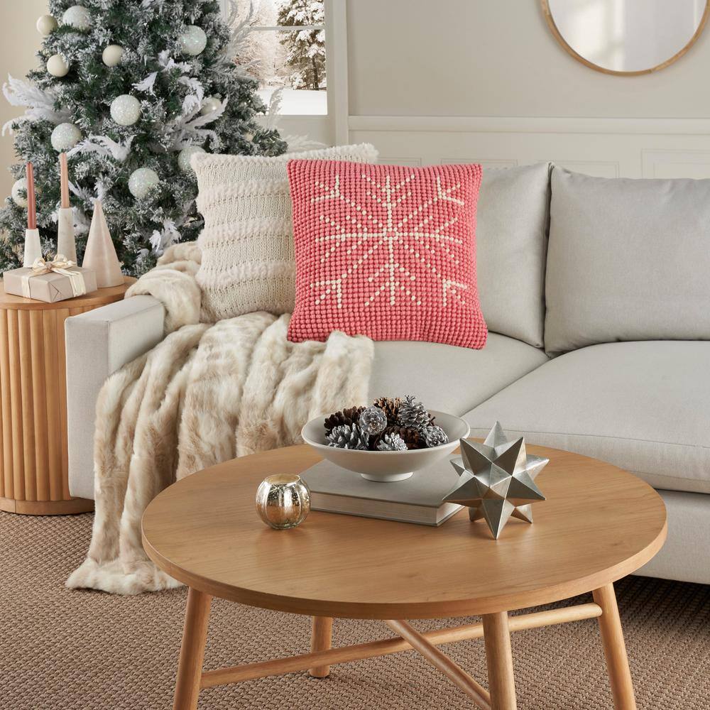 Pink Ivory Cotton Snowflake 20" x 20" Handcrafted Throw Pillow