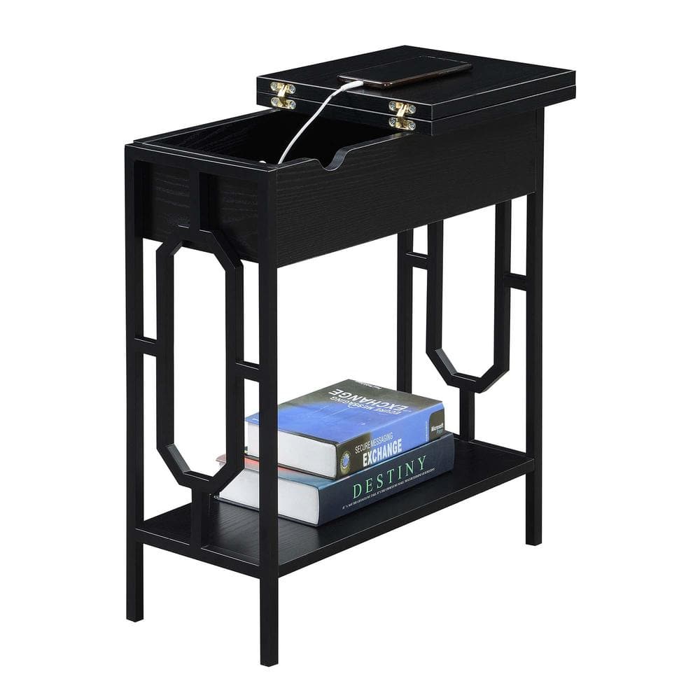 Modern Black Wood & Metal End Table with Charging Station & Storage