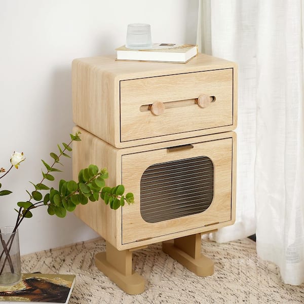 Griffin Robot 15.75 in. Natural MDF Rectangle End Table Side Table with Rotating Top, Frosted Glass Door, Drawer