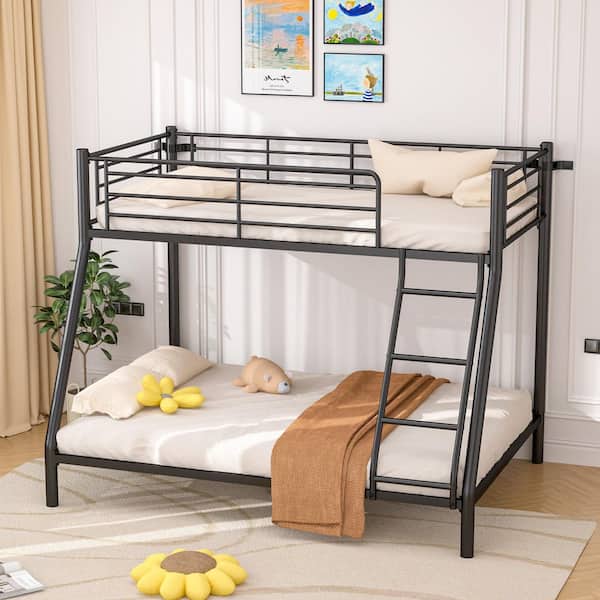 Metal Bunk Bed Frame, Black Twin Over Full Bunk Beds with Ladder and Safety Guardrail, Space-Saving Loft Bed