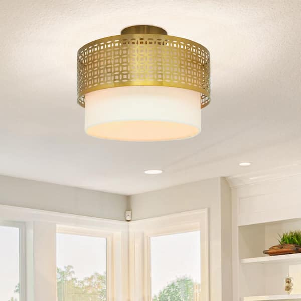 Lorelei 13 in. Brushed Gold Drum-Shaped Semi-Flush Mount Ceiling Light
