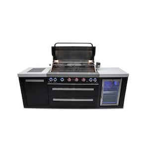 Black Series 6-Burner Outdoor Kitchen Propane Natural Gas Grill Island with Refrigerator in Black Stainless Steel