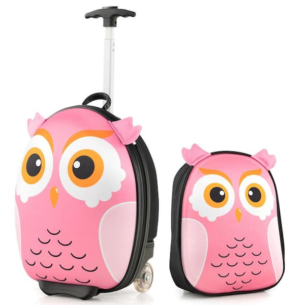 Costway 2-PCS Kids Carry On Luggage Set 16 Owl Rolling Suitcase with 12  Backpack Travel Pink WF-10N019N1