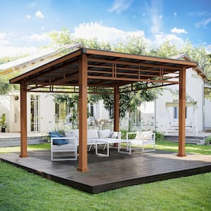 Hampton 12 ft. x 14 ft. Brown Cedar Wooden Gazebo with HardTop Iron Slope Roof Grill Gazebo Rot Resistant Pavilion