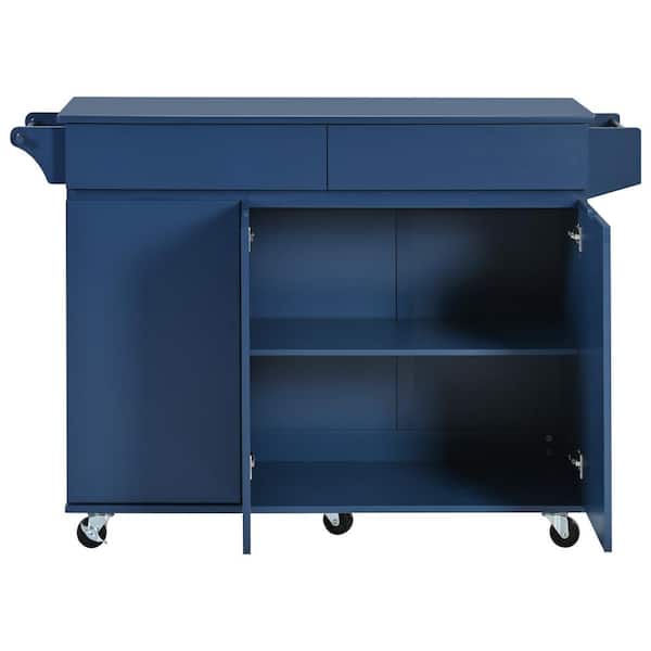 Xzkai Blue Wood 53.2 in. Kitchen Island with 5 Wheels, Drop Leaf, 2 Drawers, Towel Rack, Spice Rack