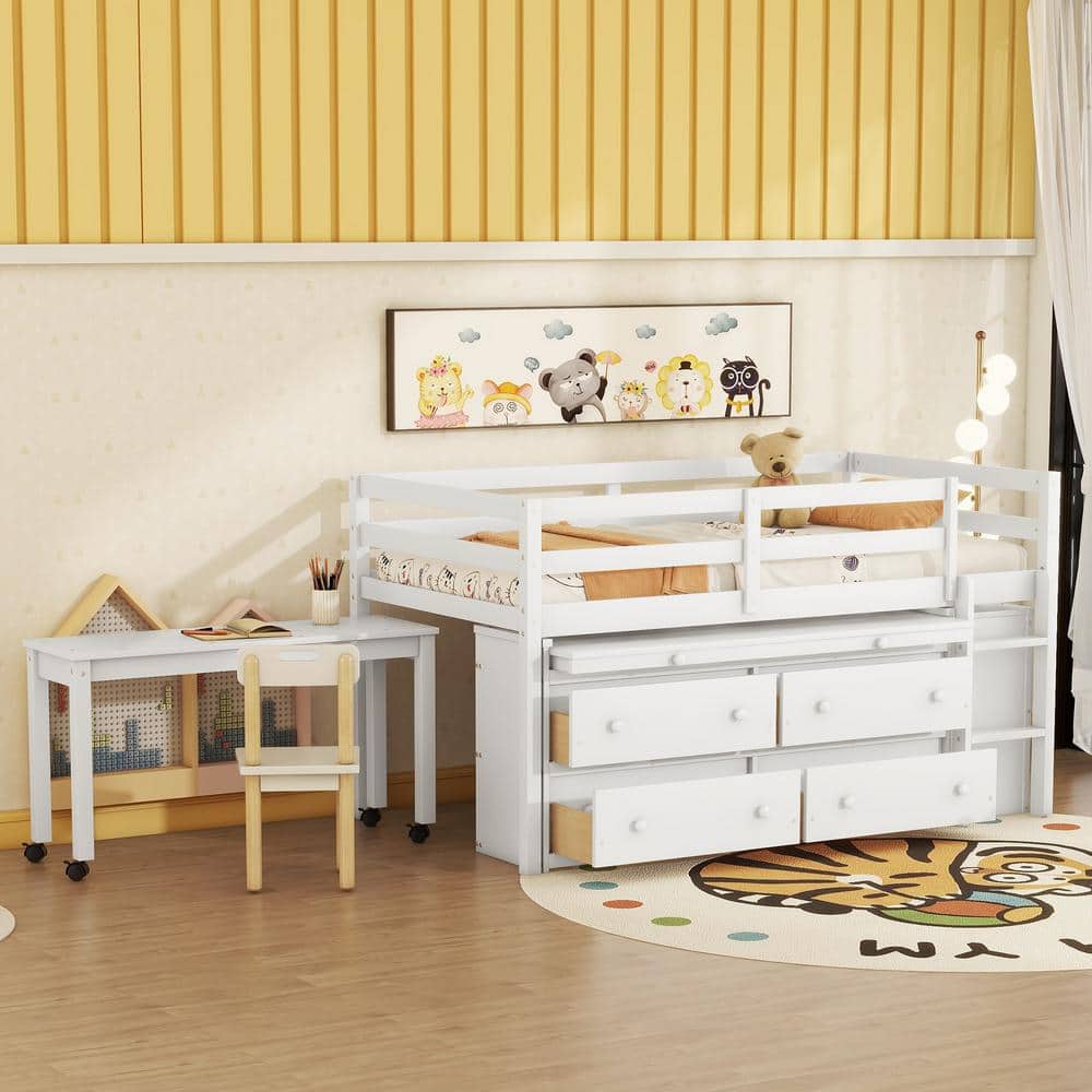 White Twin Size Wood Low Loft Bed with Retractable Writing Desktop, 4 Open Compartments, 4-Drawer, Movable Desk price history on PriceWatchPro