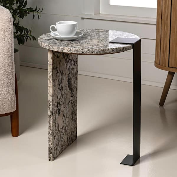 JONATHAN Y Lyra 17 in. Contemporary Natural Marble/Metal Handmade Round End Table, Ivory/Black