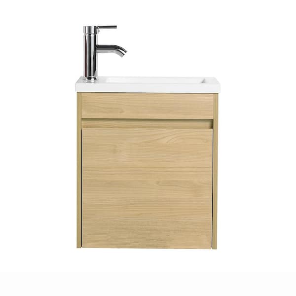 JimsMaison 17.3 in. W x 10 in. D x 20 in. H Single Sink Wall Mounted Bath Vanity in Light Teak with White Cultured Marble Top