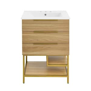 Carre 24 in. W  White Oak Bathroom Vanity in White with 3-Hole Ceramic Sink Top