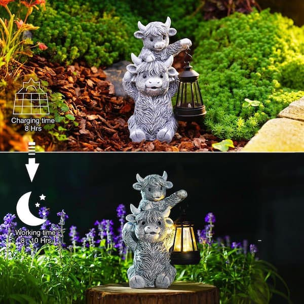 Highland Cow and Solar Lantern Series 9.5 in. Grey Solar Outdoor
