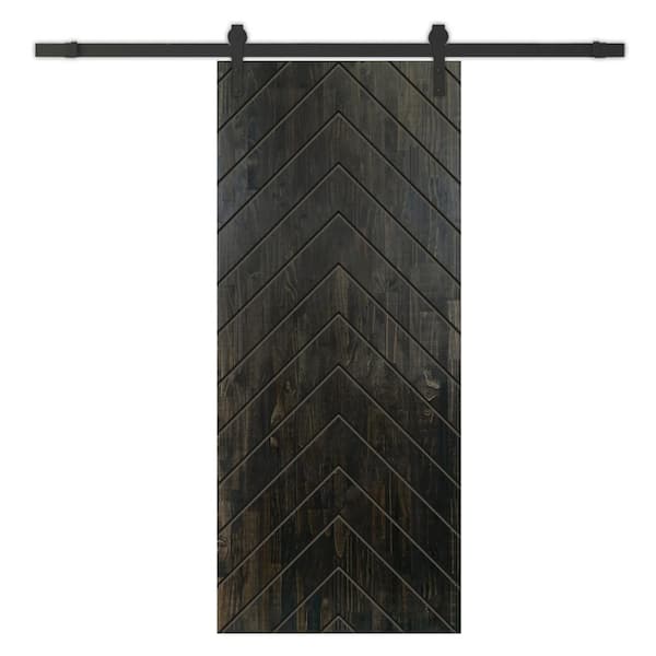 CALHOME Herringbone 30 in. x 80 in. Fully Assembled Charcoal Black Stained Wood Modern Sliding Barn Door with Hardware Kit