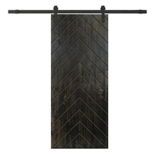 Herringbone 30 in. x 96 in. Fully Assembled Charcoal Black Stained Wood Modern Sliding Barn Door with Hardware Kit