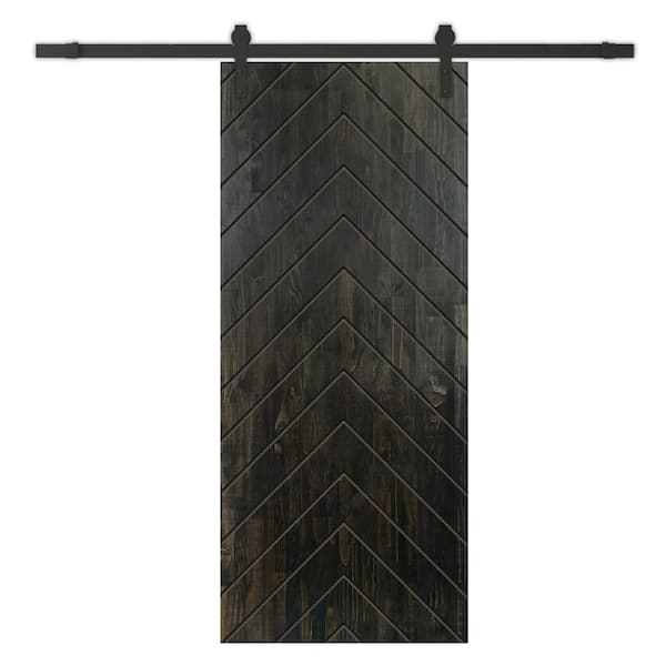 CALHOME Herringbone 42 in. x 96 in. Fully Assembled Charcoal Black Stained Wood Modern Sliding Barn Door with Hardware Kit