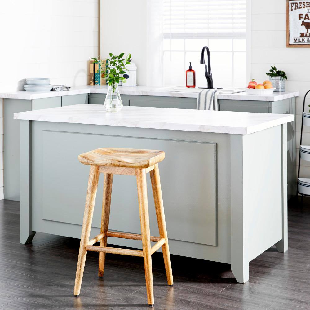 Natural Brown Solid Wood Backless Saddle Counter Stool