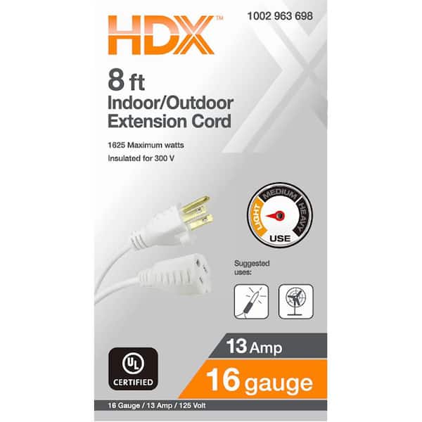 HDX 8 ft. 16/3 Light Duty Indoor/Outdoor Extension Cord, White