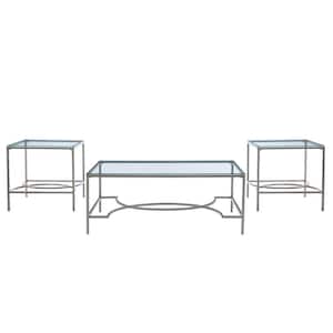 Arya 47.9 in. L Nickel Gray Rectangle Glass top 3 Pack Occasional Coffee Table and Accent End Table Set