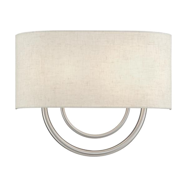 Livex Lighting Stratton 15 in. 2-Light Brushed Nickel ADA Wall Sconce with Oatmeal Fabric Shade