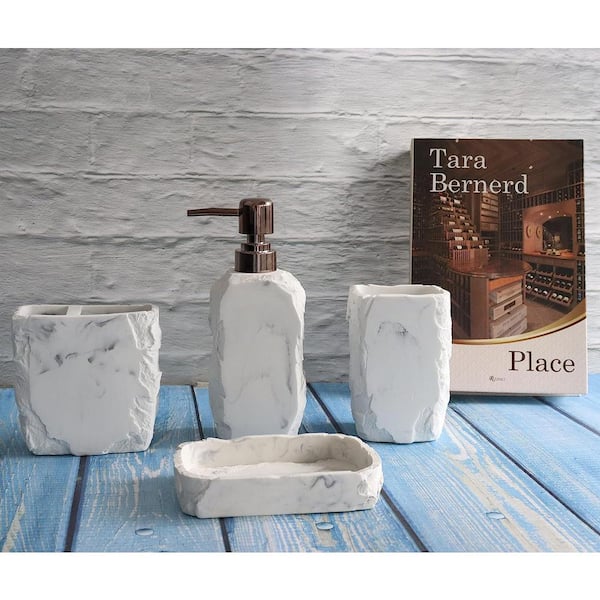 Dyiom Bathroom Accessories Set 4 -Pieces Resin Gift Set Apartment Necessities Farmhouse Bathroom Décor Marble White