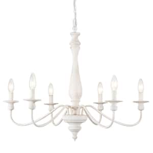 6-Light Rustic Farmhouse Wood Chandelier 28.34 in. W with Antique White French Country Accents and Classic Candle Style