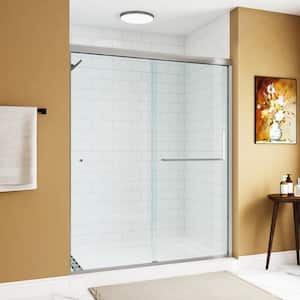 55 in. - 59 in. W x 72 in. H Double Sliding Semi-Frameless Shower Door in Brushed Nickel with Clear Glass