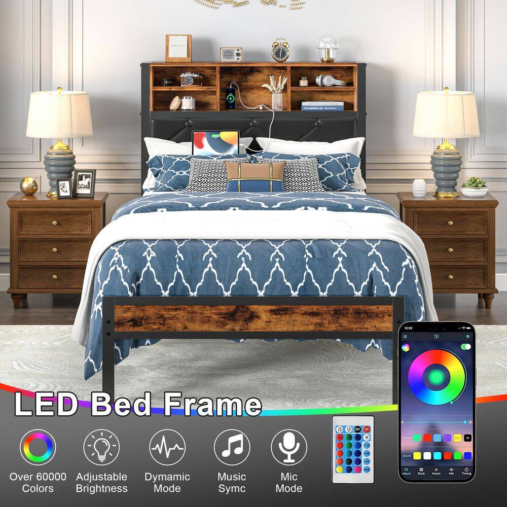 Bed Frame with Headboard, Brown Metal Frame Queen Platform Bed with USB Charging, LED Lights, No Box Spring Needed - thumbnail 7