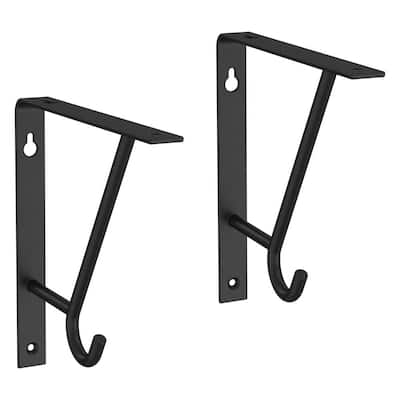 7 in. Matte Black Steel Decorative Shelf Bracket with Hook (2-Pack)