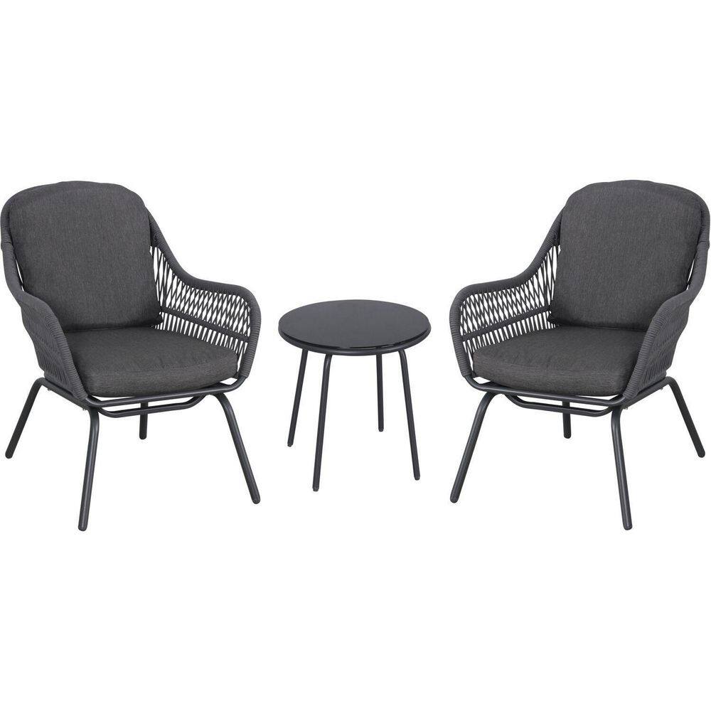 Hanover Palma 3-Piece Metal Outdoor Bistro Chat Set with 2 Rope Chairs ...