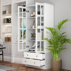 White Wood 4-Shelf Standard Bookcase Bookshelf With Tempered Glass Doors, 2 Drawers (70.1 in. H x 31.5 in. Wide)