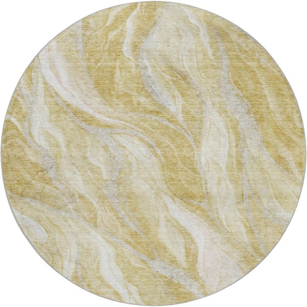 Dream Shag Premium Machine Washable Abstract ADS720 Gold 8 ft. x 8 ft. Round Rug