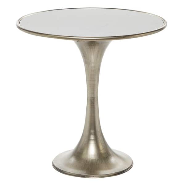Litton Lane 25 in. Silver Large Round Marble End Accent Table with White Marble Top