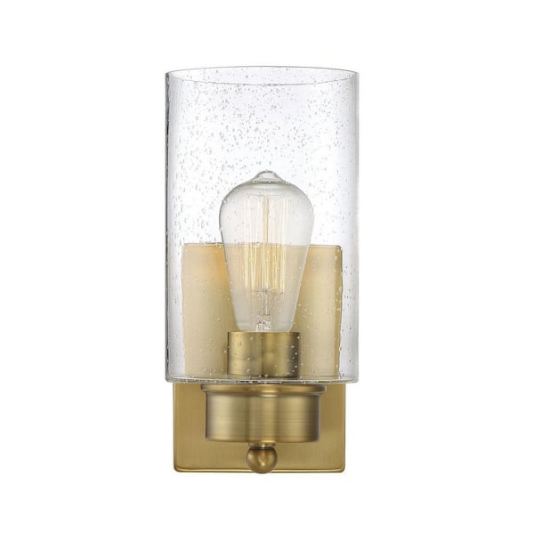 Savoy House Meridian 5 in. W x 10.5 in. H 1-Light Natural Brass Wall Sconce with Clear Seeded Glass Shade