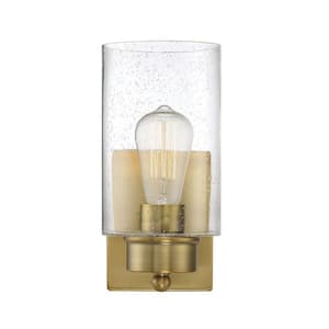 5 in. W x 10.5 in. H 1-Light Natural Brass Wall Sconce with Clear Seeded Glass Shade