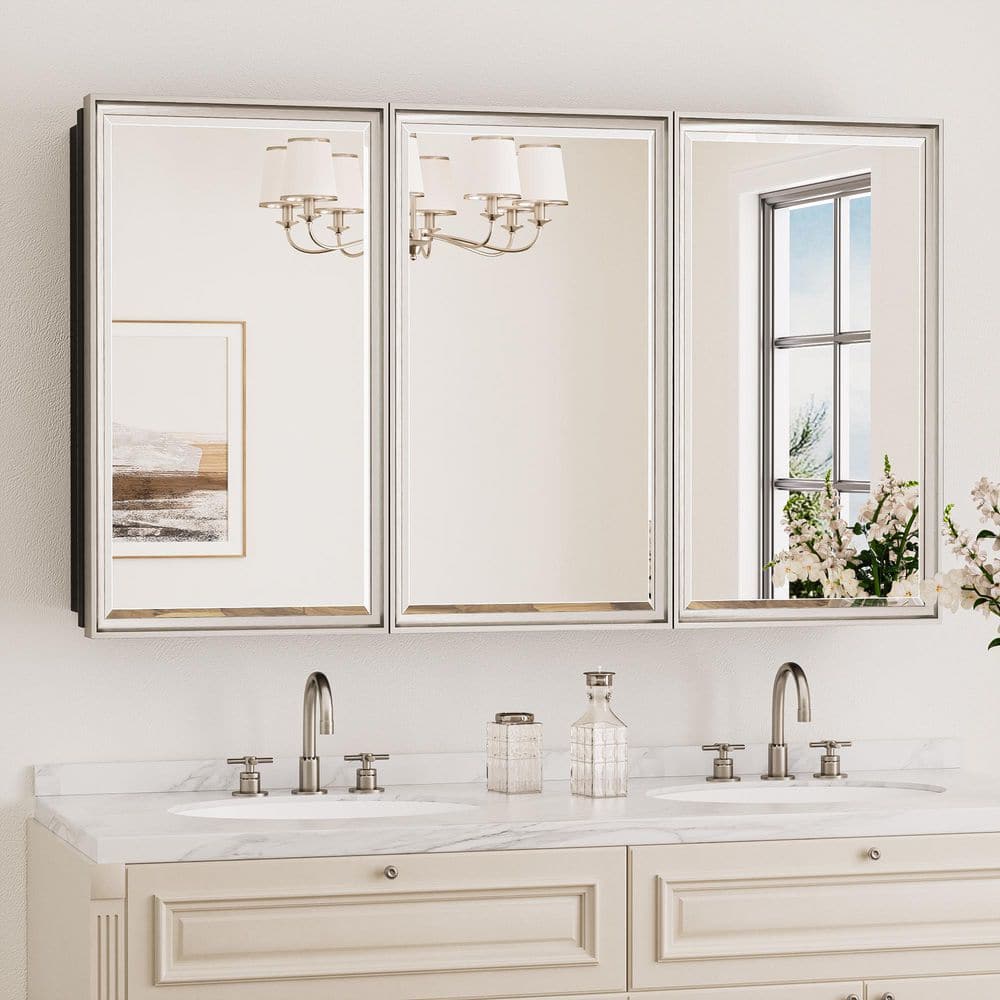 48 in. W x 30 in. H Rectangular Aluminum Brushed Nickel Framed Recessed/Surface Mount Medicine Cabinet with Mirror price history on PriceWatchPro