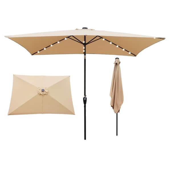 Cesicia 6.5 ft. x 10 ft. Rectangular Steel 26-LED UPF 40 Plus Patio Market Umbrella in Tan with Push Button Tilt and Crank